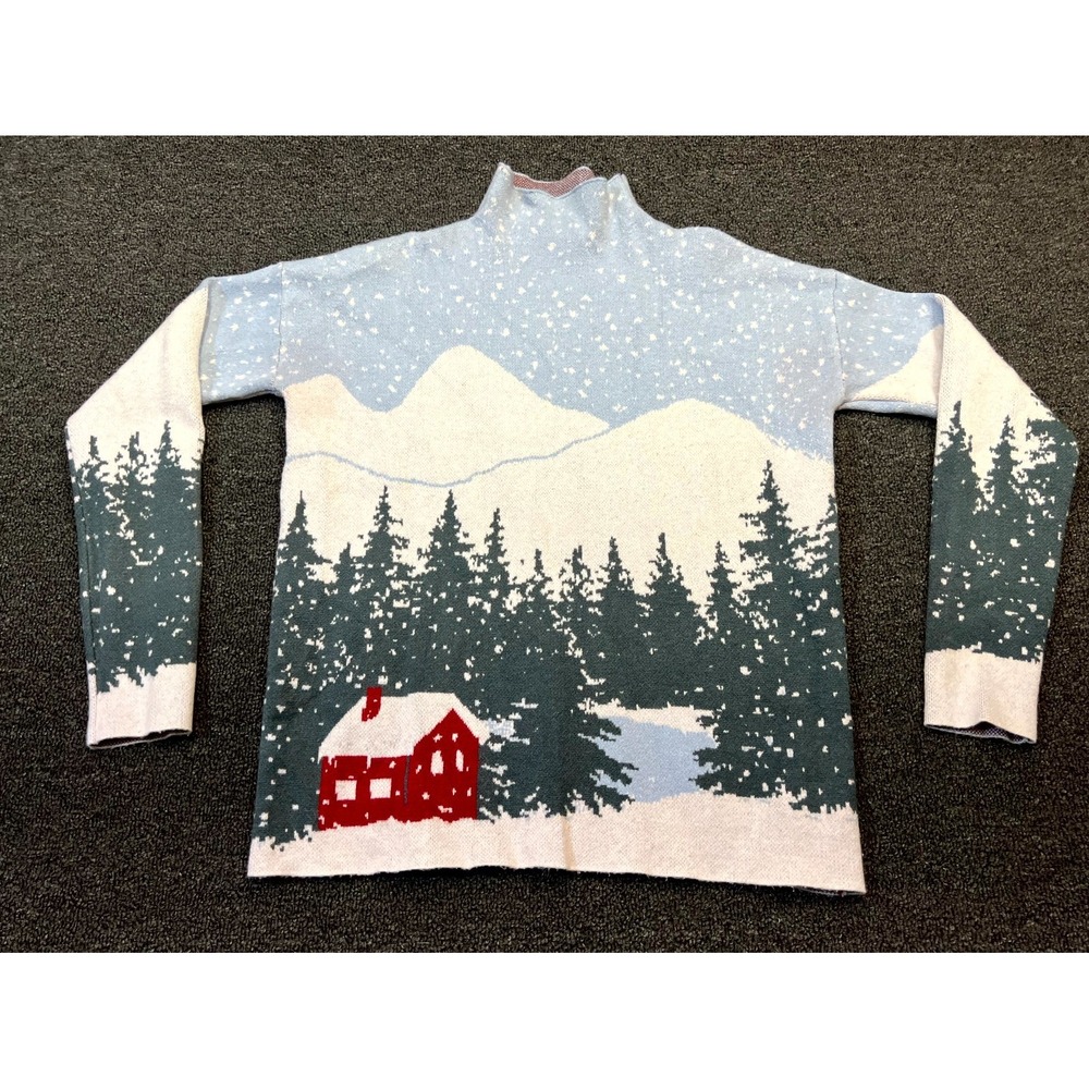 Tahari Sweater Womens XS Multicolor Charming Winter Landscape Rayon Mock Neck
